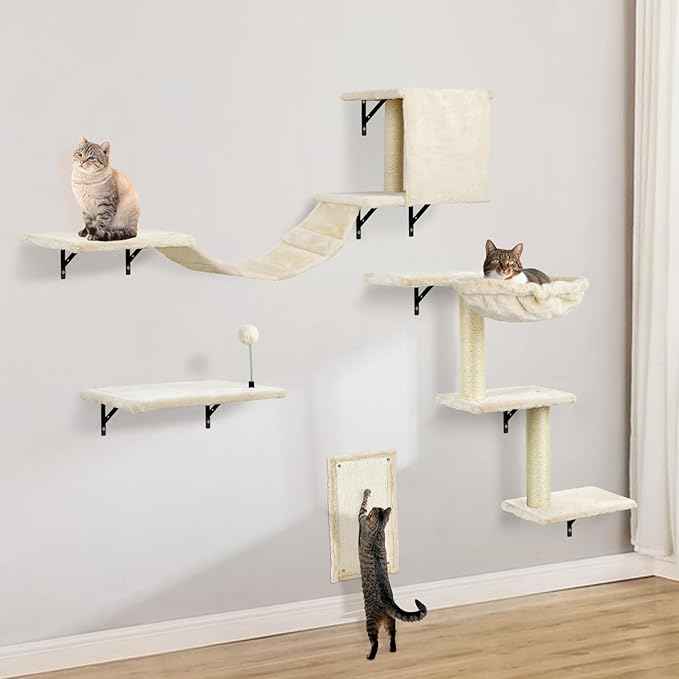 Cat Wall Shelves, Multi-Level Cat Climbing Furniture, Space-Saving Wall-Mounted Cat Climber Set with Perches,Bridge,Hammock,Scratching Board & Ball for Indoor Cat Play (Beige)