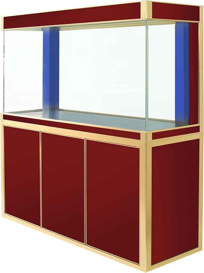 170 Gallon Aquarium Fish Tank LED Light Pump Freshwater Filter Upright Fishtank Stand Bundle Straight Corners Ultra Clear Tempered Glass with Complete Aquarium Setup (Red with Gold Trim)