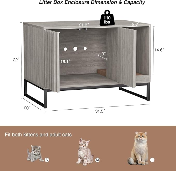 Litter Box Enclosure, Modern Cat Litter Box Enclosure Furniture Hidden Litter Box with Cat Scratch Pad, Cat Washroom Cat House End Table, Entryway Bench for Livingroom (Grey)