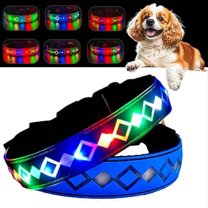 LED Dog Collar with AirTag Holder and Custom ID Tag, 15 Light Modes, Waterproof, Multiple Colors (Blue Pro, S(7.87-11.8"))