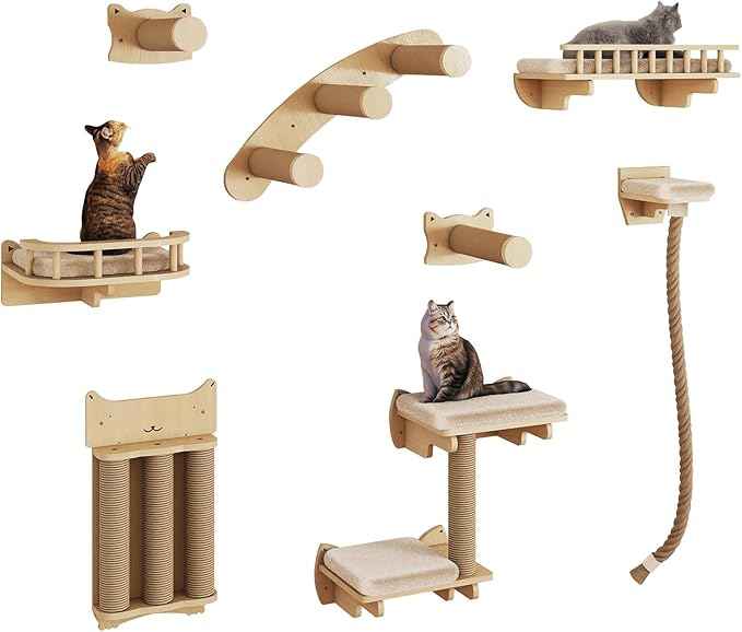 BYBYME 8 Pcs Cat Wall Climbing Set, Wood Cat Furniture with Scratching Posts, Kitten Perch, 100CM Sisal Rope & Cat Bed, Wall Mounted Cat Shelves for Sleeping, Playing & Relaxing（Natural Wood）