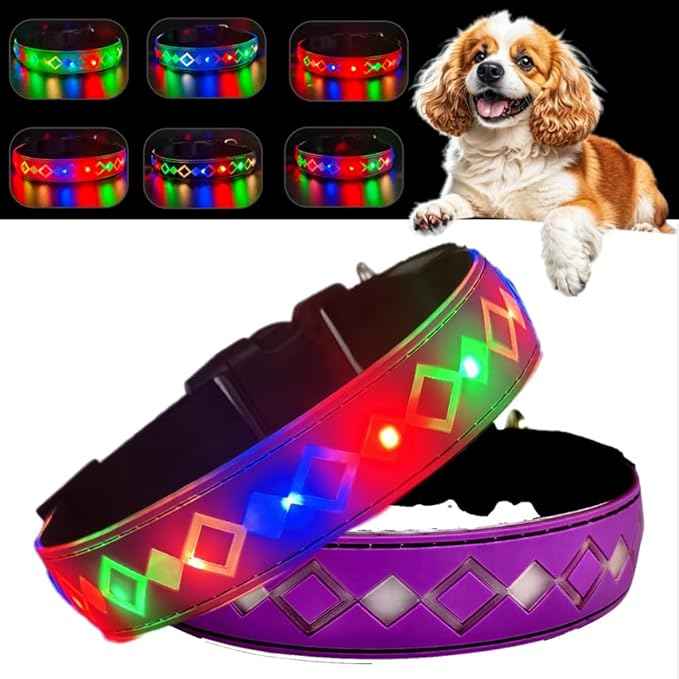 LED Dog Collar with AirTag Holder and Custom ID Tag, 15 Light Modes, Waterproof, Multiple Colors (PURPLE Pro, XL(19.7-23.6"))