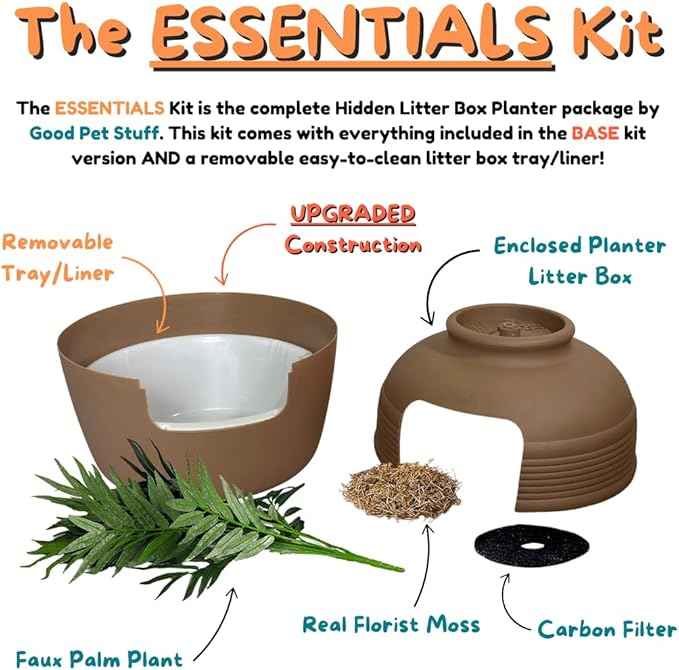 Good Pet Stuff Hidden Litter Box Planter, Decorative Cat Litter Enclosure with Carbon Filter, Artificial Plant, Easy Clean, Removable Liner, Round Style, Essentials Kit, Chestnut Brown