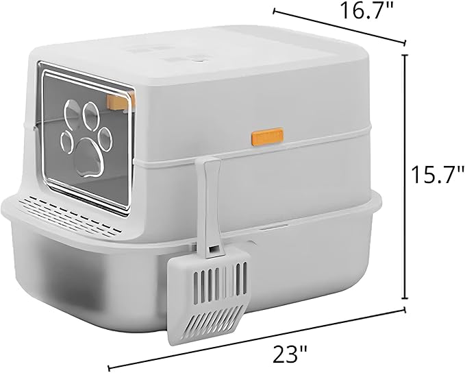 Stainless Steel Sifting Litter Box with Lid, Metal Litter Pan with Scoop for Big Cats Multi Cat, Extra Large Cats Litterbox Odor Control Easy Clean (23 * 15.7 * 16.7inch-Full Enclosed, X-Large)