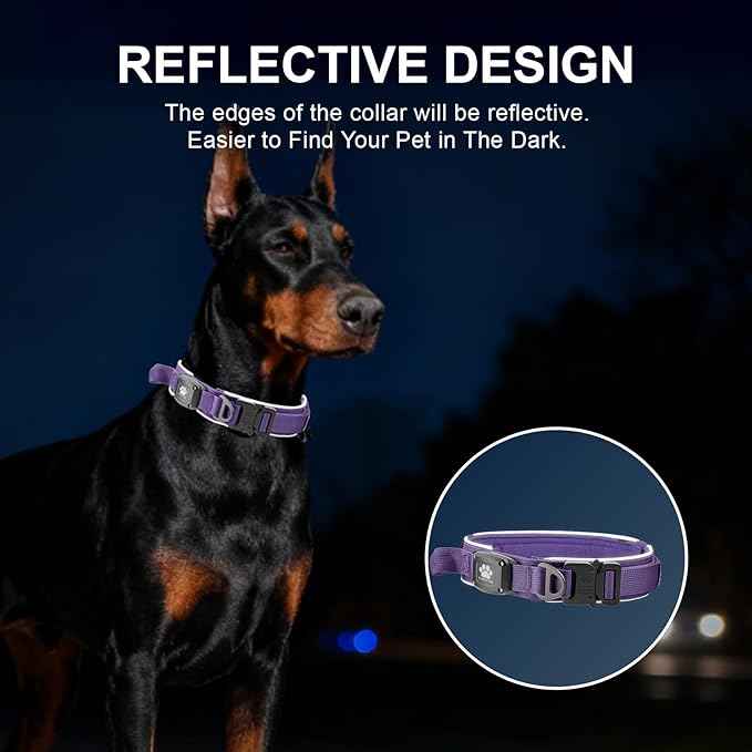 2026 Upgrade Dog Collar with IPX8 Waterproof AirTag Holder,Military Tactical Comfortable Control Handle and Ultra-Durable Metal Buckle/Night Reflective,GPS Collar for Medium to Large Dog（Purple/M）