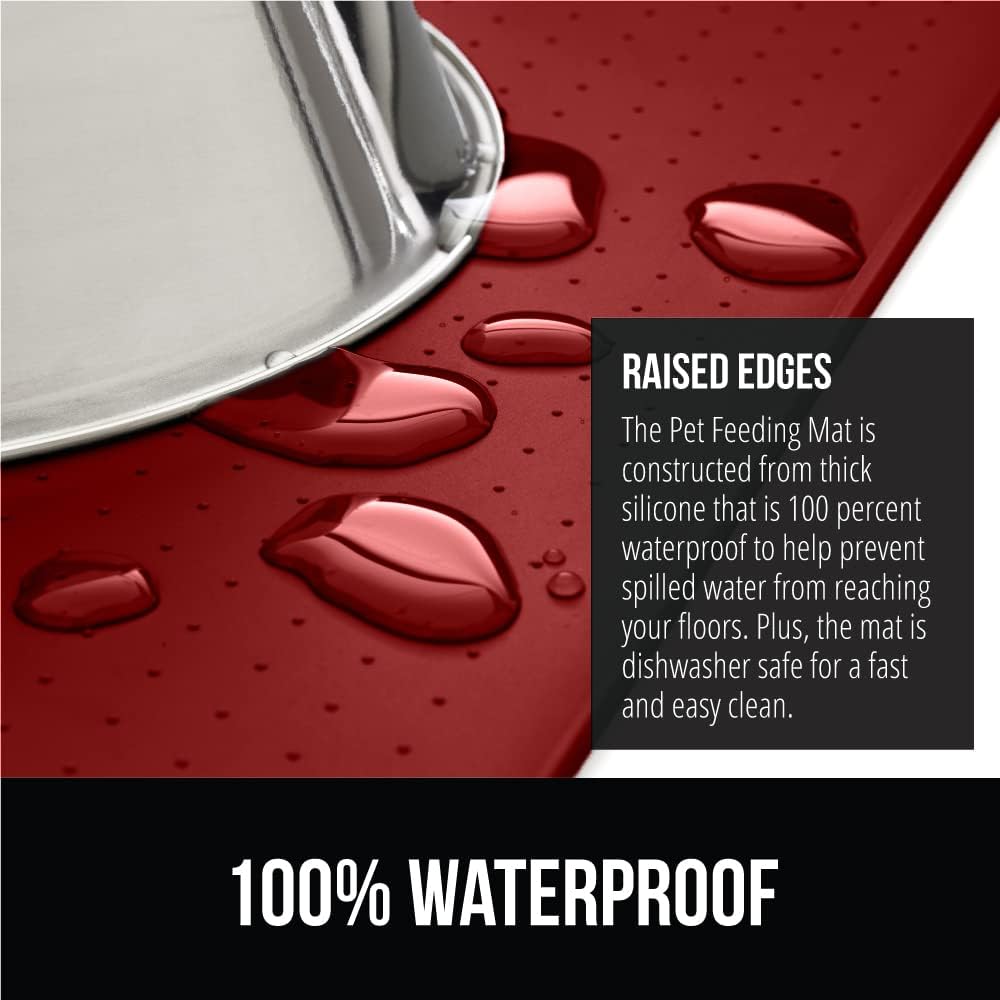 GORILLA GRIP 100% Waterproof Raised Edge BPA Free Silicone Pet Feeding Mat, Dog Cat Food Mats Contain Spills Protects Floors, Placemats for Cats and Dogs Water Bowl, Pets Accessories 16x10, Red