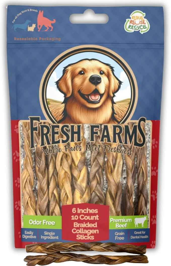 Braided Collagen Sticks for Dogs 10 Pack - 6 Inches - Long-Lasting Alternative to Bully Sticks, Rawhide-Free Collagen Chews w/Chondroitin & Glucosamine for Joint Support & Dental Health