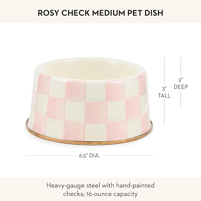 MACKENZIE-CHILDS Enamel Pet Bowl, Cute Cat and Dog Bowl for Food and Water, Medium, Pink-and-White Rosy Check
