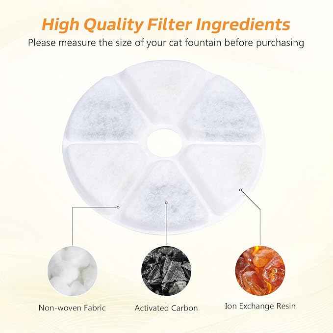 Cat Water Fountain Filters, 6 Pieces Triple Filtration System Replacement Filter Fit for 84oz/2.5L Cat Pet Fountain, 6 Filtration System and 2 Pre-Filter Sponges