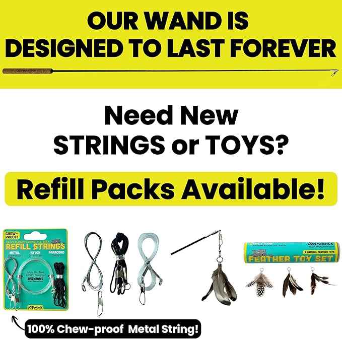 Forever Stick and 3 Strings including Chew Proof Metal Wire - The Unbreakable Cat Wand Toy, Durable Cat Toy Wand, Extra Long Cat String Toy, Cat Fishing Pole Toy for Bored Indoor Adult Cats, Stick Toy