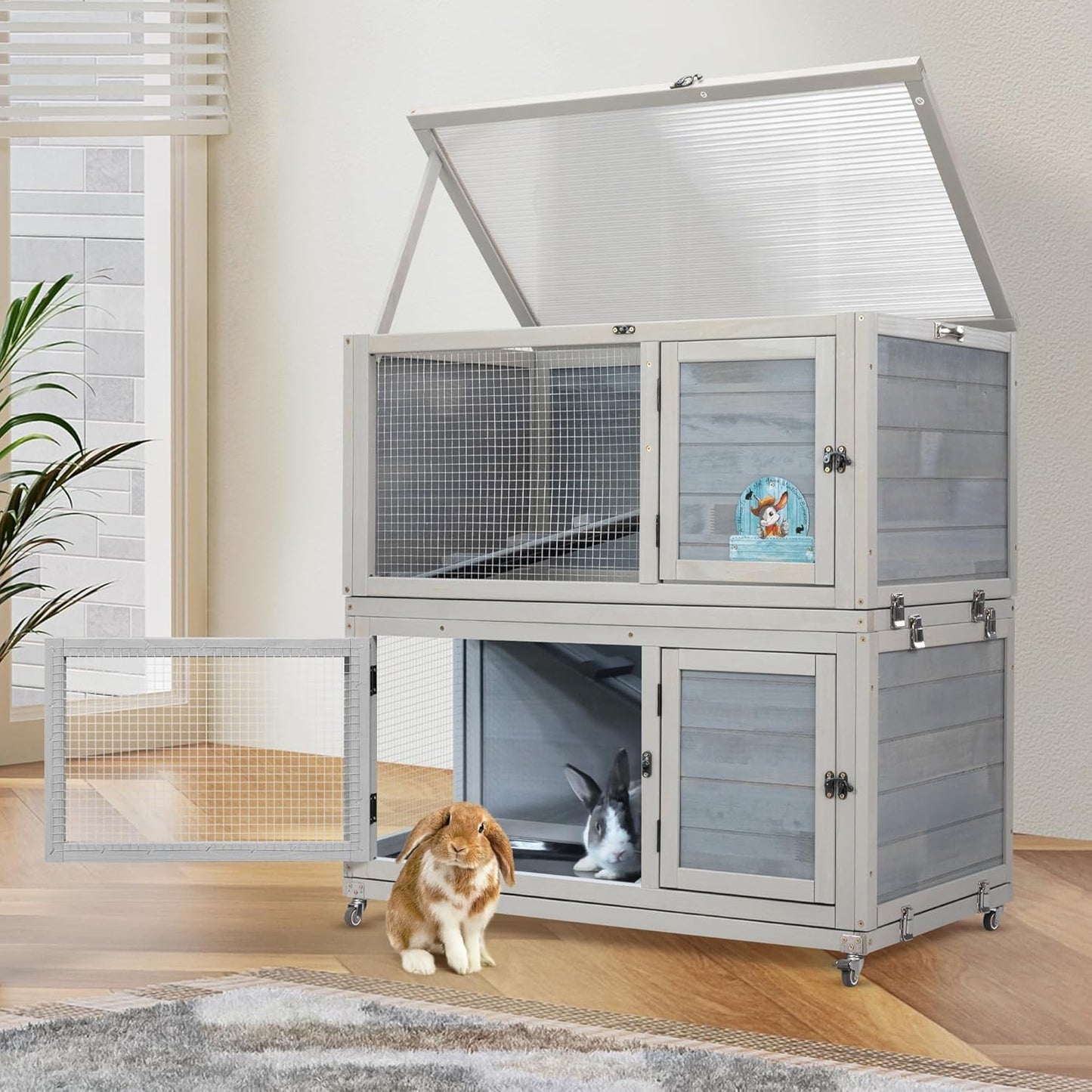 Weatherproof Wooden Rabbit Hutch for Indoor Outdoor Use, 2 Story Bunny Cage House with Wheels, Small Animal Shelter with Pull Out Tray, Non-Slip Ramp, Chicken Coop, Pet House Guinea Pigs Quail