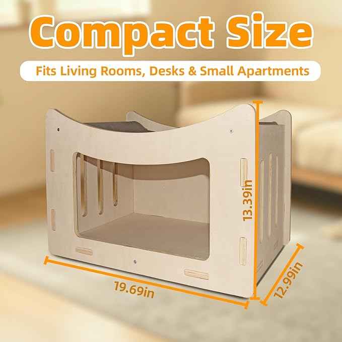 Cute Cat Head Wooden Indoor Cat House, Double Decker Cat Shelter with Elevated Soft Canvas Upper Bed, Multi-Level Pet Condo for Cats & Rabbits