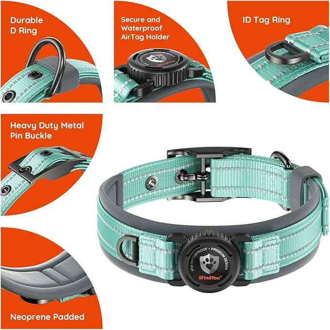 Upgraded AirTag Dog Collar with Holder, Waterproof Reflective Air Tag Dog Collar with Widened Comfortable Padding & Ultra-Durable Metal Buckle, Adjustable for Large Dogs (L, Cyan)