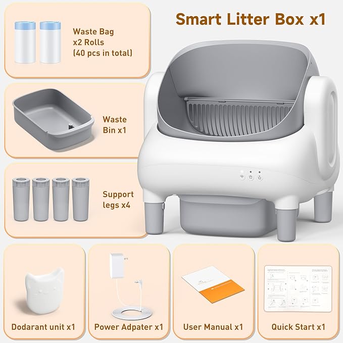 Automatic Cat Litter Box, Self Cleaning Litter Box for Multiple Cats with Open Top Design, App Control, Safet Protection,Ultra-Quiet,Easy Setup,Light Gray