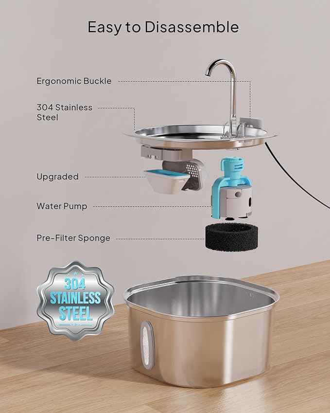 PEKTACO Stainless Steel Cat Water Fountain, 3.2L/108oz Cat Water Dispenser with Quiet Water Pump and Water-Level Window, Dishwasher Safe Pet Drinking Fountain for Cats with 6 Filters + 6 Sponges