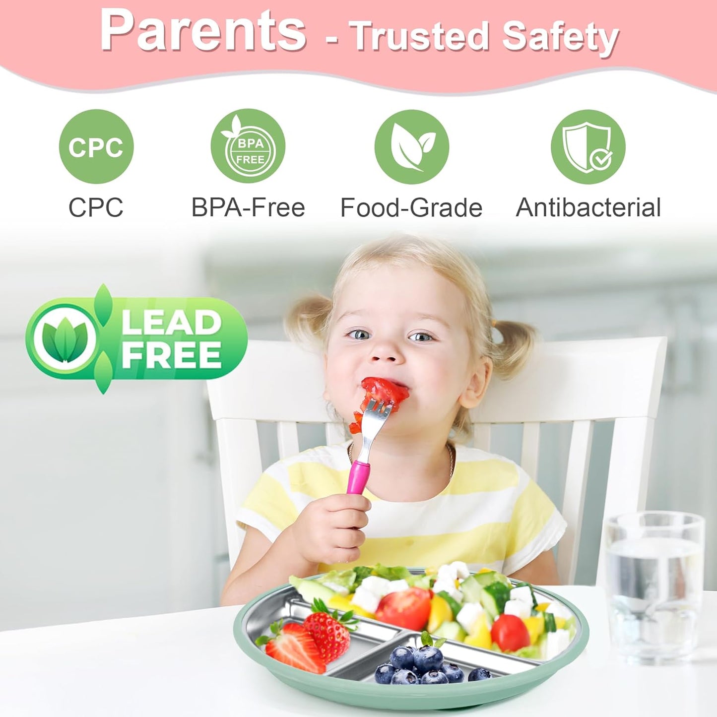 Stainless Steel Toddler Plates Silicone Suction,3 Packs Non-Slip Baby Plates,Divided Portion,Food-Grade Silicone Plate for Kids,LEAD-FREE Dishwasher Safe,Grey Mint Green Pink