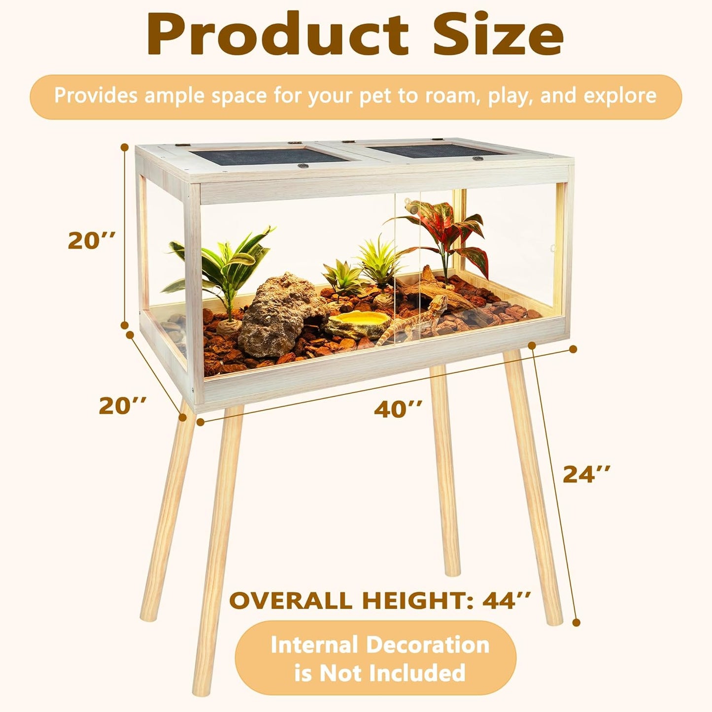 Bearded Dragon Tank with Legs Up to 77 Gallons, Tortoise Habitat with Metal Mesh Top, Reptile Enclosure Lockable Design, Snake Tank (Oak, 62 Gallon, 40" L x 20" W x 47.6" H) - FurryFun