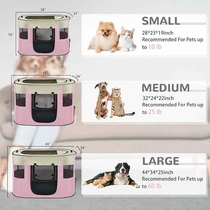 Large Dog Cat Playpen Crate with Waterproof Pad,Portable Collapsible Pet Dog Cat Kennel Cage Tent,Suitable for Indoor Outdoor Travel Camping,Water-Resistant Breathable Shade Cover (Pink L)