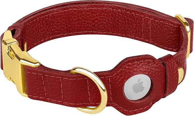 Leather Airtag Dog Collar - Soft Tracking Dog Collar with Apple AirTag Holder and Metal Buckle - Safety GPS Pet Collars for Small Medium Large Dogs Puppy Pink Red (Red, S, 12"-15" Neck Fit)