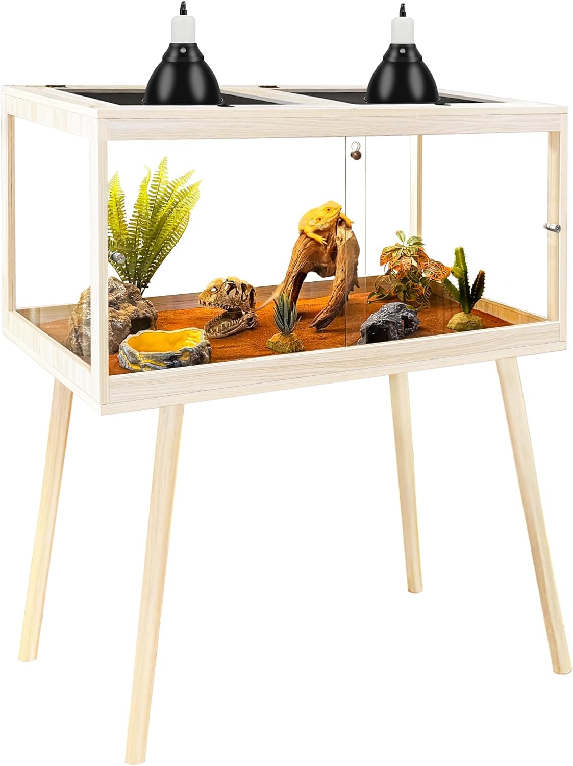 PROLEE Tempered Glass Reptile Enclosure with Leg,40“ Scratch-Proof Bearded Dragon Tank,62 Gallon Lizard Tank with Metal Mesh Tops and Lockable Door,Spacious Reptile Habitat for Snake,Lizard (Oak) - FurryFun