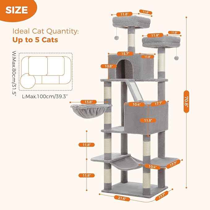 70.8" Tall Cat Tree for Indoor Cats Large Adult, Multi-Level Climbing Tower with Perches, Condo, Hammock, and Sisal Scratching Posts, Easy to Assemble, Light Gray