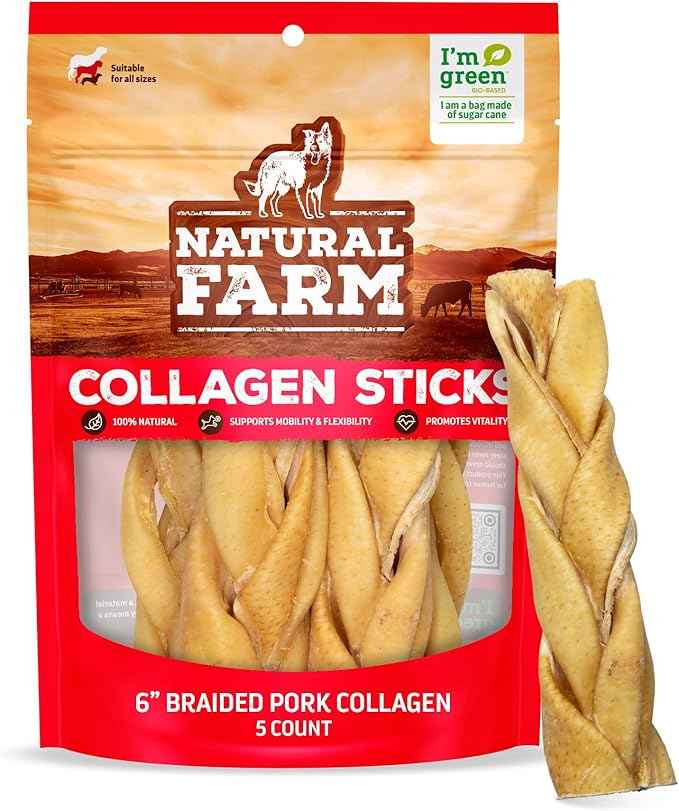 Natural Farm Braided Pork Collagen Dog Chews (10 Pack), Flavorful Braided Pork Collagen Sticks, Natural Dog Chews, Long Lasting, for Small, Medium, and Large Dogs, Odor-Free Rawhide Alternative