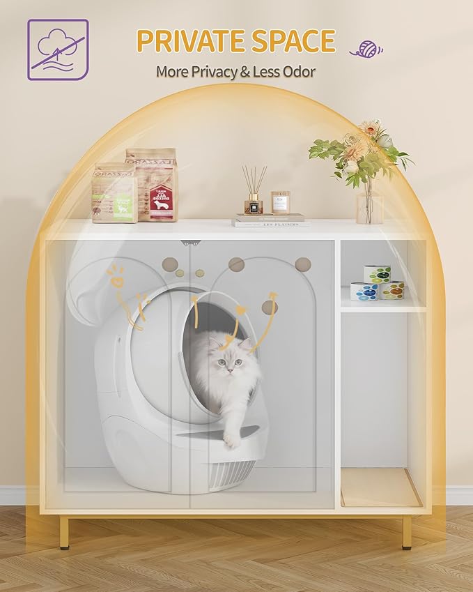 Extra Large Cat Litter Box Enclosure, Automatic Litter Box Furniture with Scratch Pad, Wooden Modern Self-Cleaning Cat Cabinet with Storage, Cats House, End Table, White and Gold CB87103G