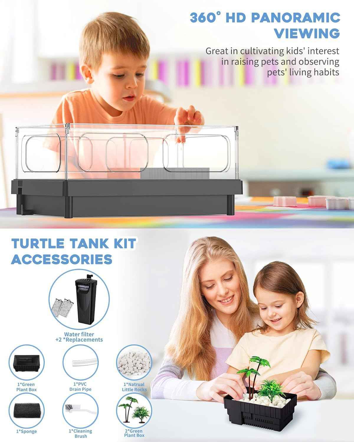 Small Turtle Tank, Aquarium, Acrylic Terrarium with Basking Platform, Bottom Drainage, Multi-Function Areas for Turtles, Crabs, Crayfish, Reptiles.(Black)