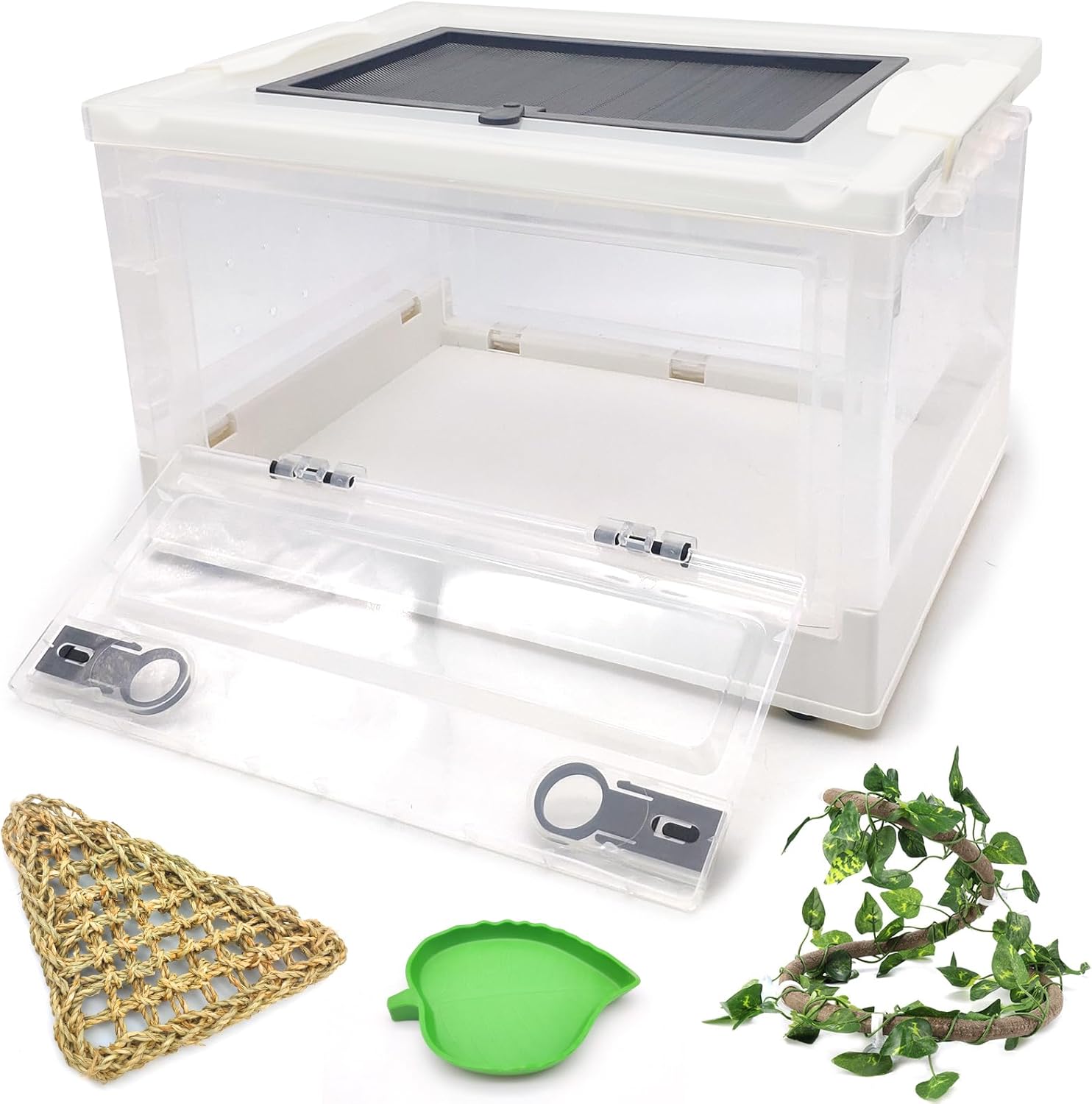 Hamiledyi Collapsible Gecko Tank Starter Kits, Reptile Travel Carrier 15.6" x 11.6" x 9.4" Small Portable Habitat Cages for Leopard Gecko, Bearded Dragon, Snake, Tortoise（White） - FurryFun