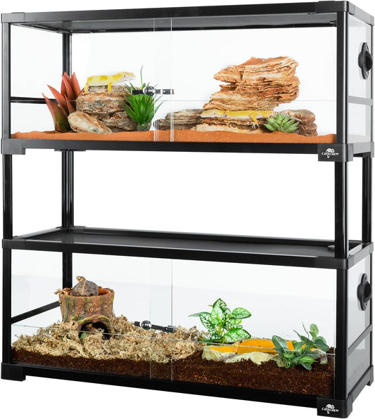 Double Stacked Reptile Tank, 30" x 12" x 32" Tall Reptiles Terrarium, Front Opening, Full Vision, Knock Down, 2 Pack 20 Gallon Glass Cage for Reptile, Bearded Dragon, Lizard, Snake, Gecko - FurryFun