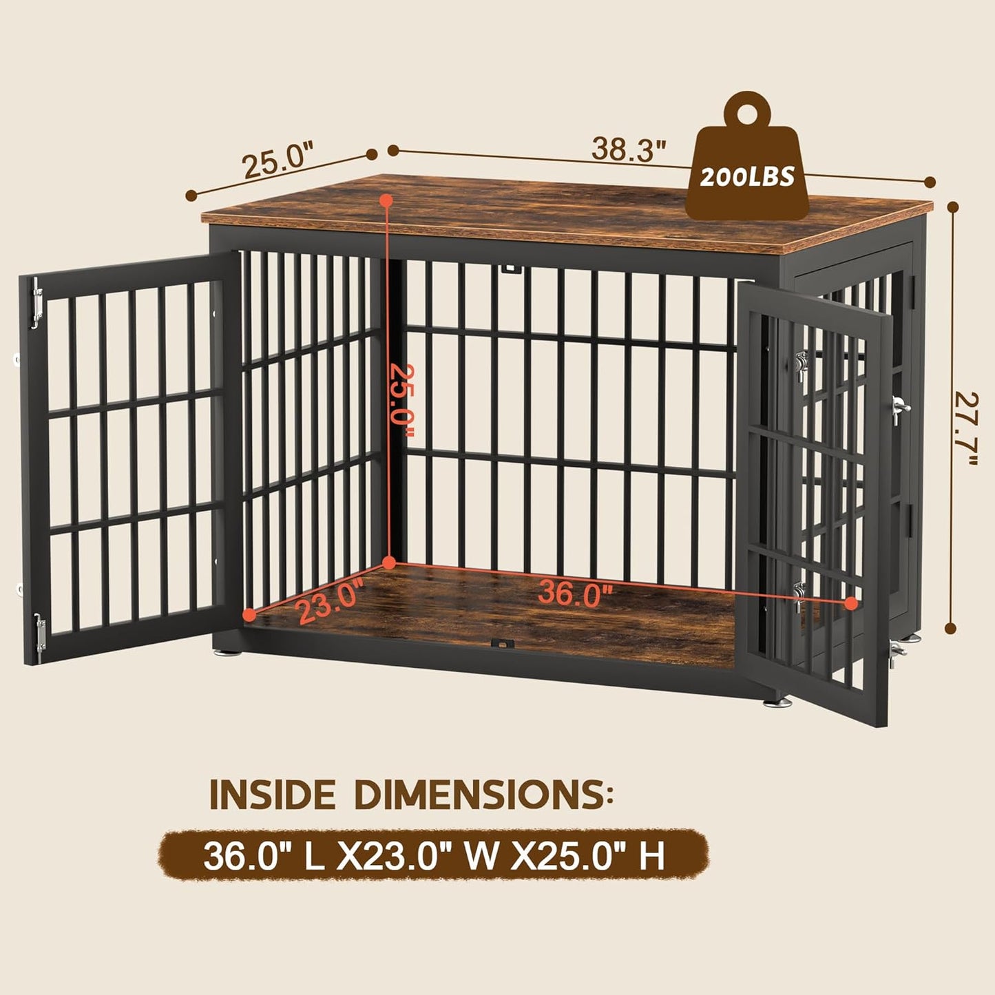 38 Inch Heavy Duty Dog Crate Furniture for Large and Medium Dogs, Decorative Pet House End Table, Wooden Cage Kennel Furniture Indoor, Rustic Brown