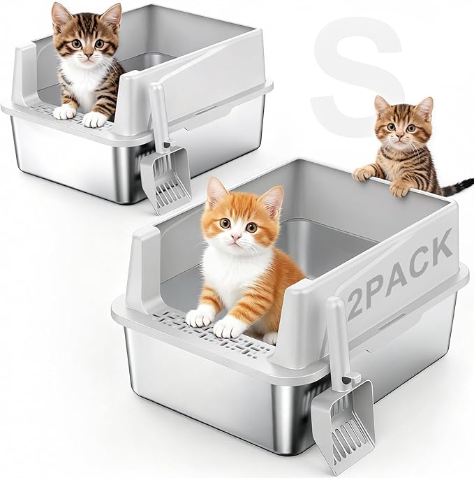 FURTIME 2 Pack Stainless Steel Cat Litter Box with Lid, Metal Kitty Litter Box for Small Cats, Kitten Litter Boxs with Non-Sticky, Anti-Leakage, Easy to Clean, 17"x13"x8.4" (Small)