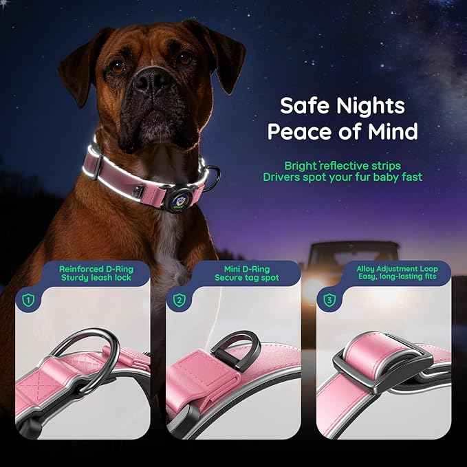WhoseID Premium Leather Dog Collar - Waterproof AirTag Dog Collar | Magnetic Buckle Heavy Duty Collar | Medium Reflective Dog Collar with AirTag Holder