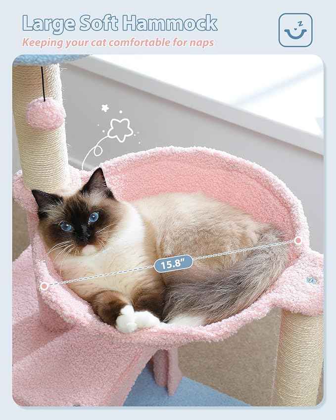 Flower Cat Tree with Large Metal Frame Hammock, 35" Pink Cat Tower with Sisal Scratching Posts for Small Indoor Cats, Cat Condo with Blue Top Perch for Kittens, Fluffy Ball, Pink