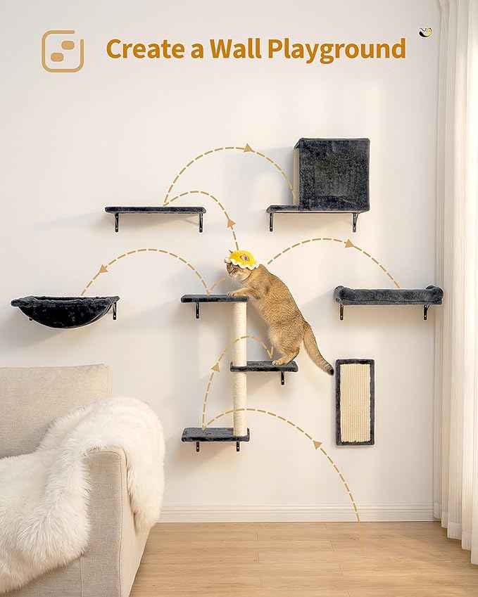 Cat Wall Shelves with Vertical Cat Scratcher, 17" × 11.9" Large Perch Bed and Hammock for Large Adult Cats, 6-in-1 Heavy Duty Cat Furniture Set for Indoor Cats