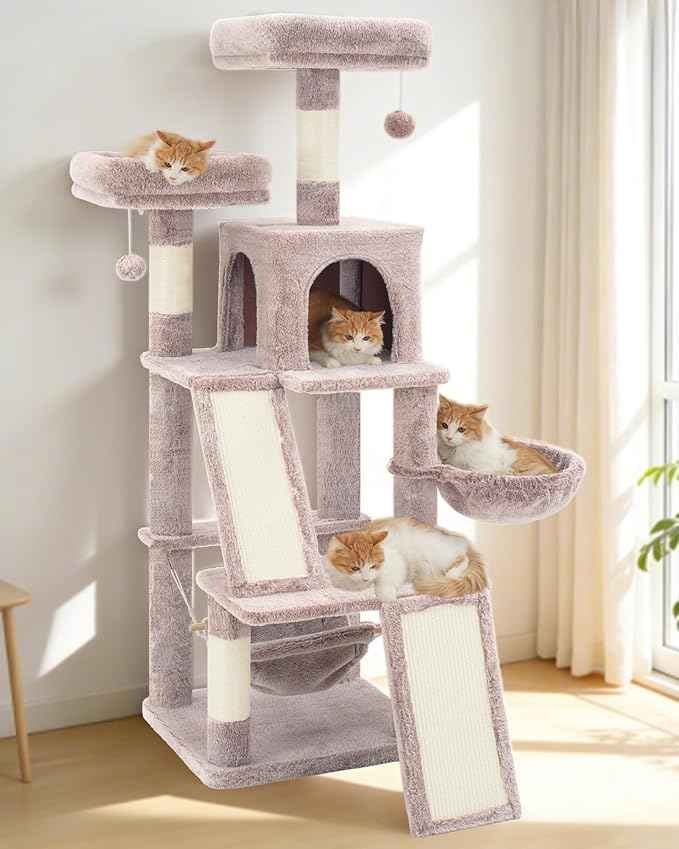 Multi-Level Cat Tree for Indoor Cats, Cat Tower with 2 Scratching Boards, 2 Plush Padding Platforms, Cat Condo House with Hammock, Basket, Muchroom GCT022MU