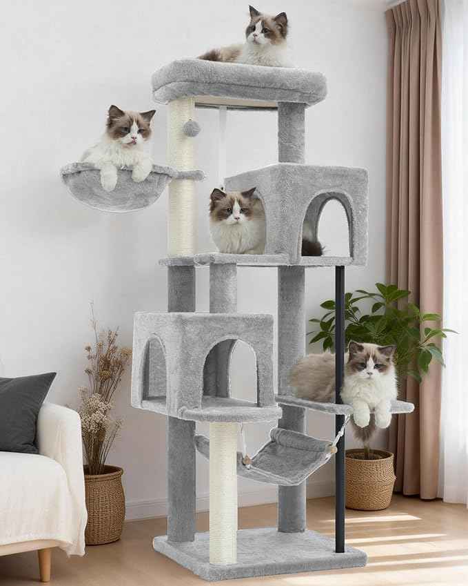 51.2'' Cat Tree Tower, Cat Tower with Scratching Post, Sturdy Steel Pube Cat Tree for Inoor Cats Large Adult, Cat Hammock and Basket, Padding Top Platform, Light Gray GCT014W
