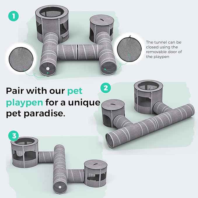 Cat Tunnel 4 Way with Teaser Wand & 2 Plush Ball, 5 Shapes Available, 54/80.7" L, H-Shaped Collapsible Pet Play Tube Maze for Kitten Puppy Bunny Ferret Rabbit, Indoor/Outdoor Peekaboo Cave