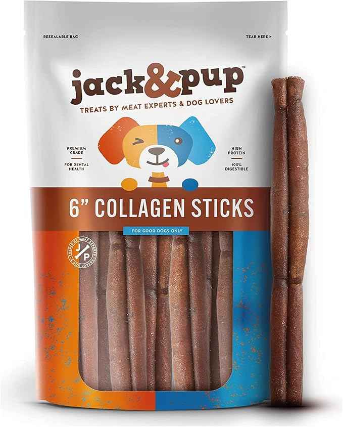 Jack&Pup 6" Beef Collagen Sticks for Dogs - Rawhide Free Dog Chews Long Lasting Collagen Chews for Dogs - Bully Sticks Alternative (4 Pack)