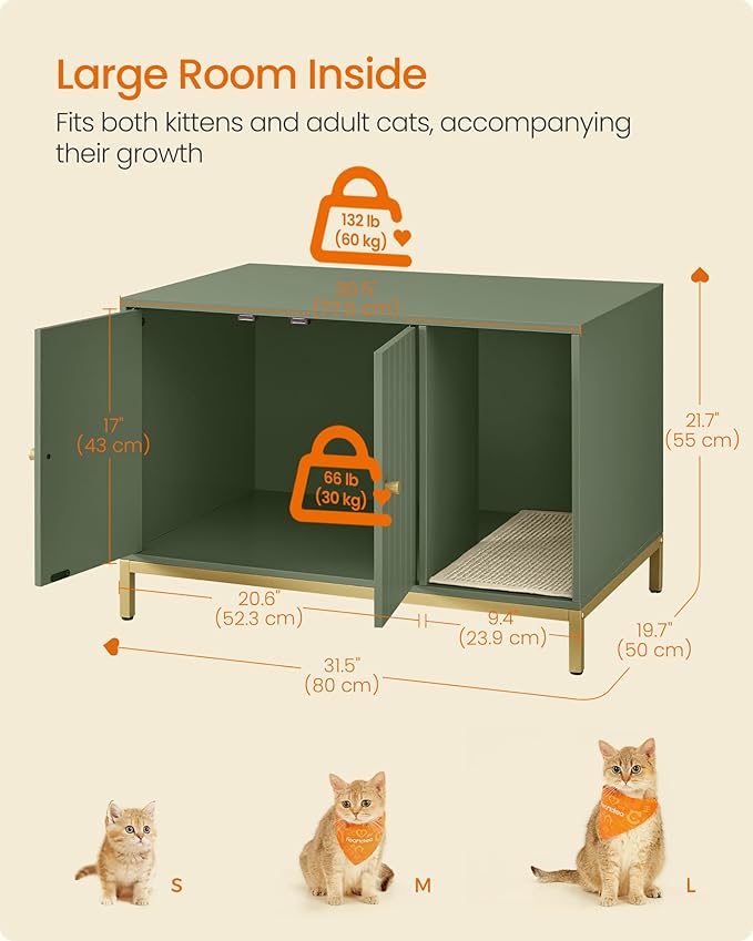 Feandrea Cat Litter Box Enclosure, Hidden Litter Box Furniture with Scratch Pad, Front Entry, Double Cabinet Doors, Modern Style, 31.5" Cat House Washroom Side End Table, Forest Green and Gold