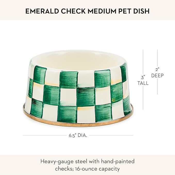 MACKENZIE-CHILDS Enamel Pet Bowl, Cute Cat and Dog Bowl for Food and Water, Medium, Green-and-White Emerald Check