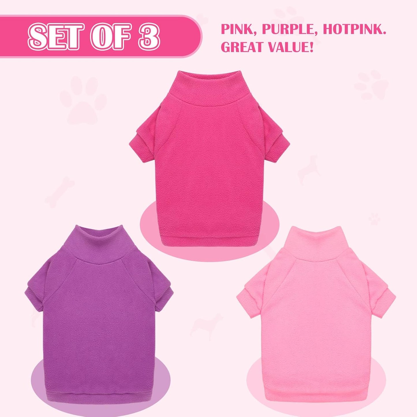 3 Pack Dog Sweaters for Small Dogs, Fleece Dog Sweater Pet Clothes Turtleneck Soft Warm Sweatshirt Puppy Sweater Boy Girl Pet(Pink+Hotpink+Purple,S)