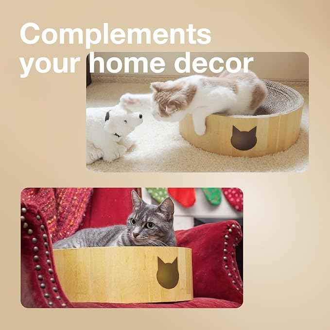Necoichi Cat Scratcher Bowl for Indoor Cats - Cat Scratching Lounger with Reversible Usability and Extra Comfort for Lounge, Cardboard Bed Couch / (Regular, Oak)