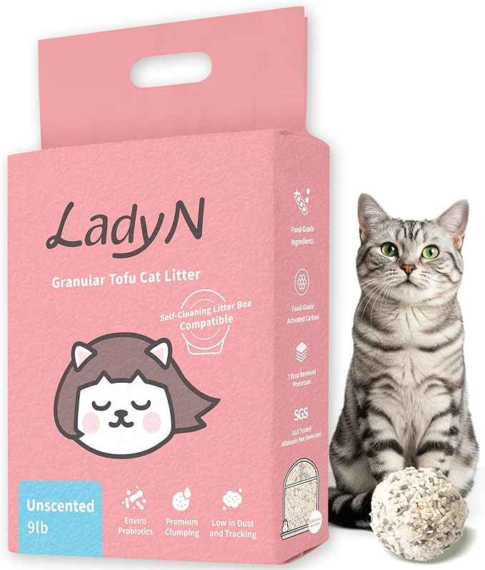 Lady N Granular Tofu Cat Litter Mini-Pellet Compatible with Automatic Self Cleaning Cat Litter Box, Strong Clumping, Low Dust, Odor Control Activated Charcoal 9lb