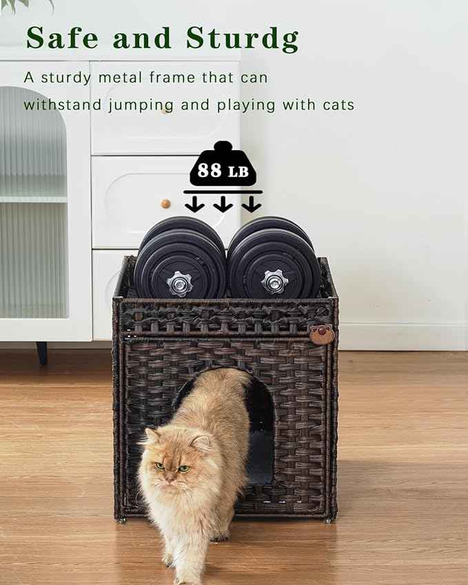 Cat Beds for Indoor Cats Extra Large Double Cat Cave Pet Cube, Handwoven Rattan Cat Houses with Double-Sided Soft Cushions, 18.5 x 20.5 x 19.1 Inches Foldable Hideaway in Living Room Brown