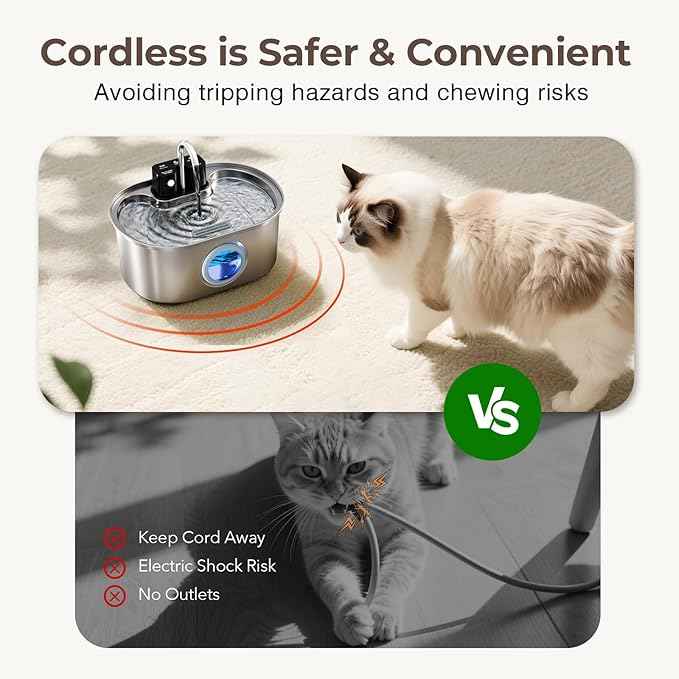 PEKTACO Wireless Cat Water Fountain Stainless Steel, 108oz/3.2L Cordless Battery Operated Pet Water Fountain for Cats Indoor with Quiet Pump, Easy Clean, BPA-Free(3 Filters)