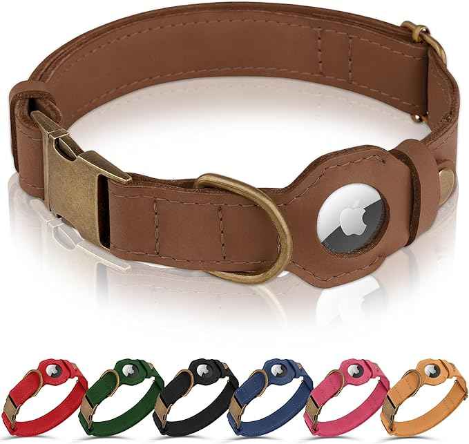 AirTag Dog Collar - Genuine Leather Dog Collar with Apple AirTag Holder and Metal Buckle - Smart GPS Tracking Pet Collars (Tawny, M, 14"-18" Neck Fit)
