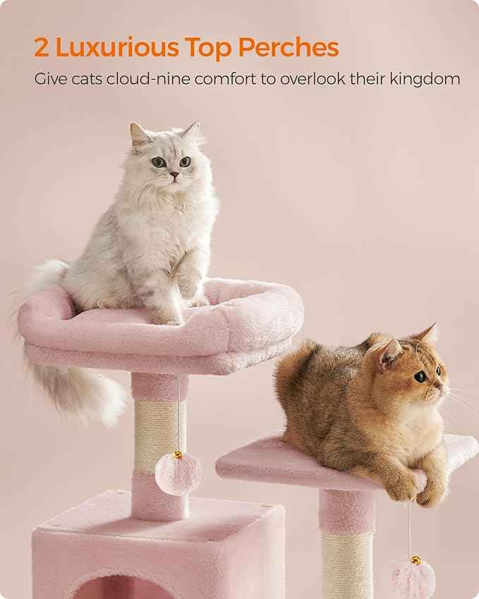 Feandrea Cat Tree, 59.5-Inch Tall Cat Tower, Plush Multi-Level Condo with 5 Scratching Posts, 2 Perches, 2 Caves, Hammock, 2 Pompoms, Jelly Pink UPCT192P01