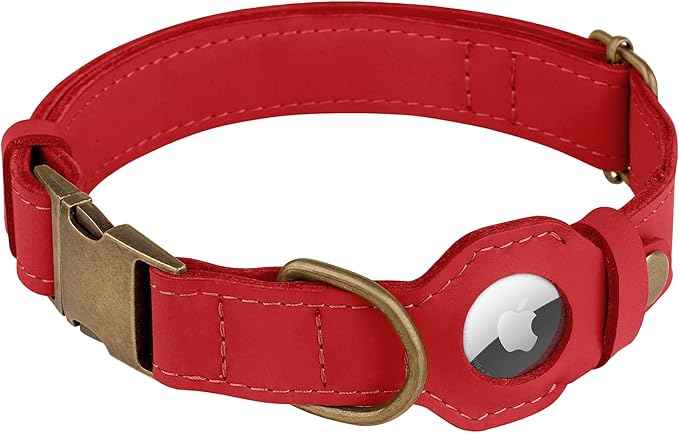AirTag Dog Collar - Genuine Leather Dog Collar with Apple AirTag Holder and Metal Buckle - Smart GPS Tracking Pet Collars (Red, XS, 9"-12" Neck Fit)