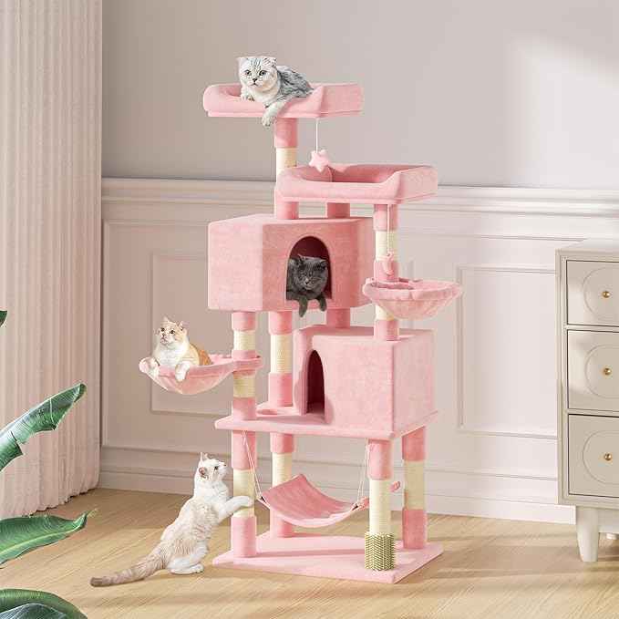 MoNiBloom 58 Inch Cat Tree Tower for Indoor Cats Large Adults, Pink Cat Tower with Scratching Post & Hammock, Pet Play House with Cat Condo, Soft Pink